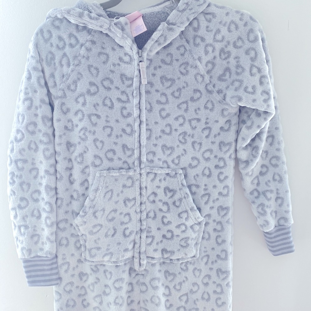 Grey fluffy heart cheetah print onesie.